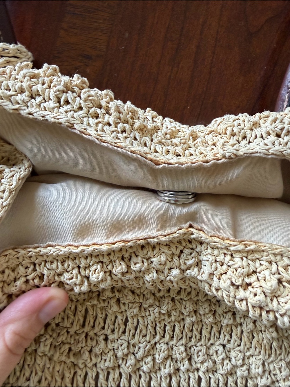 Sonoma Crochet Woven Straw Shoulder Tote in Beige with Dark Brown Handles - Picture 6 of 8